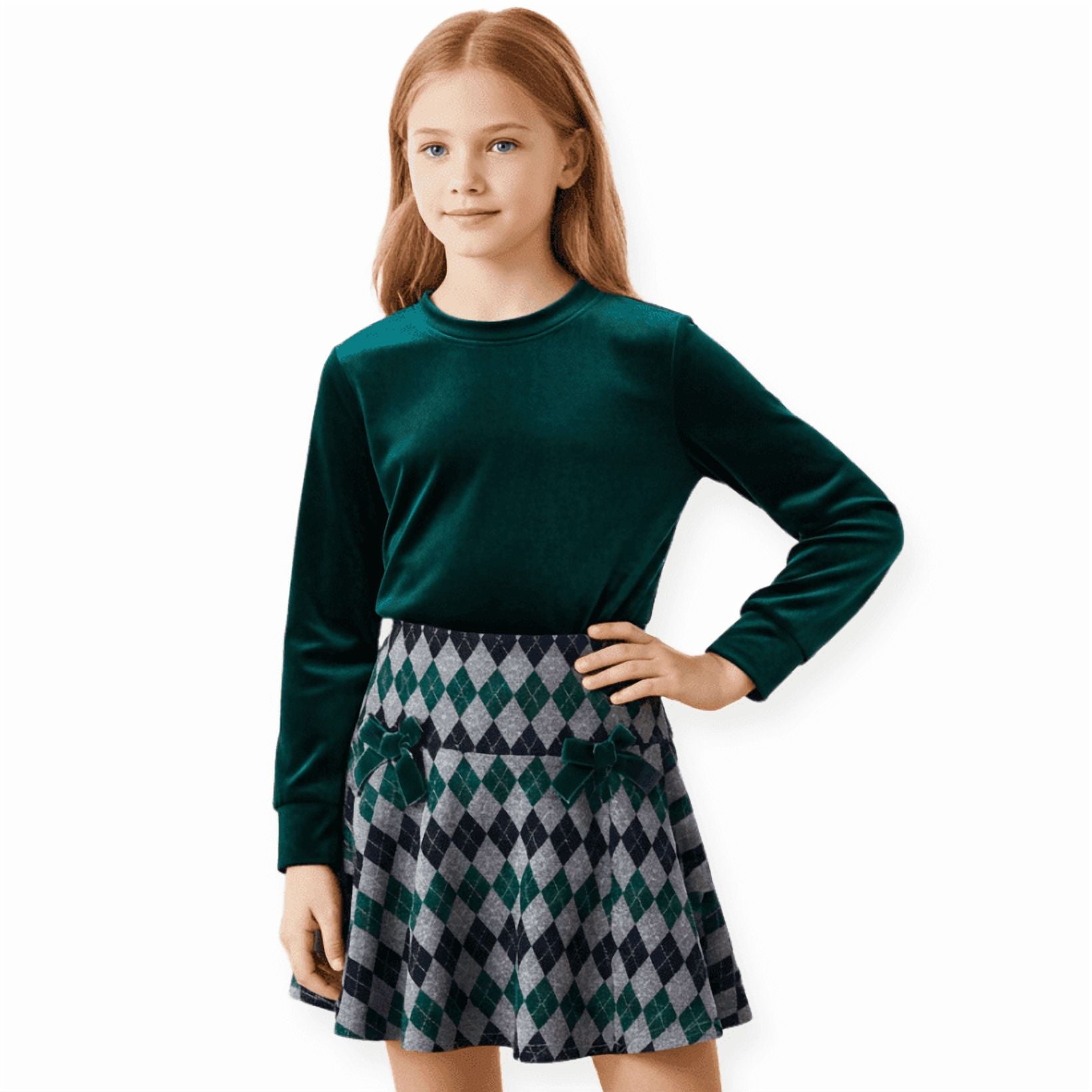 PatPat Girls Clothes Long Sleeve Skirt Set Velvet Crop Top and Bows Plaid Dress 2-Piece School Outfit Green Holidays Sizes 4-12Y