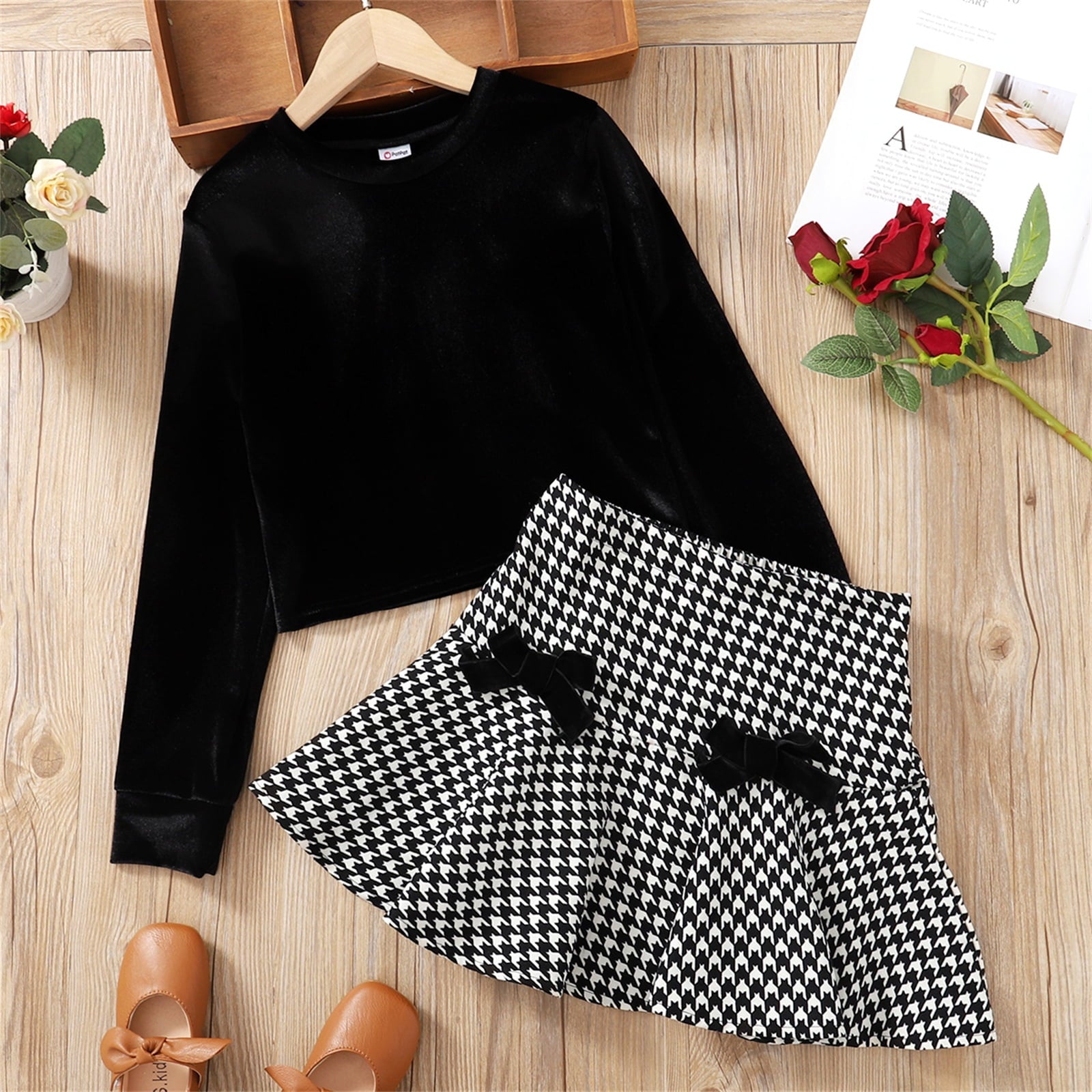 PatPat Kid Girls Black Skirt Set Velvet Crop Top and Houndstooth Pleated Skirt 2 Pieces Outfit Set Size 5-12