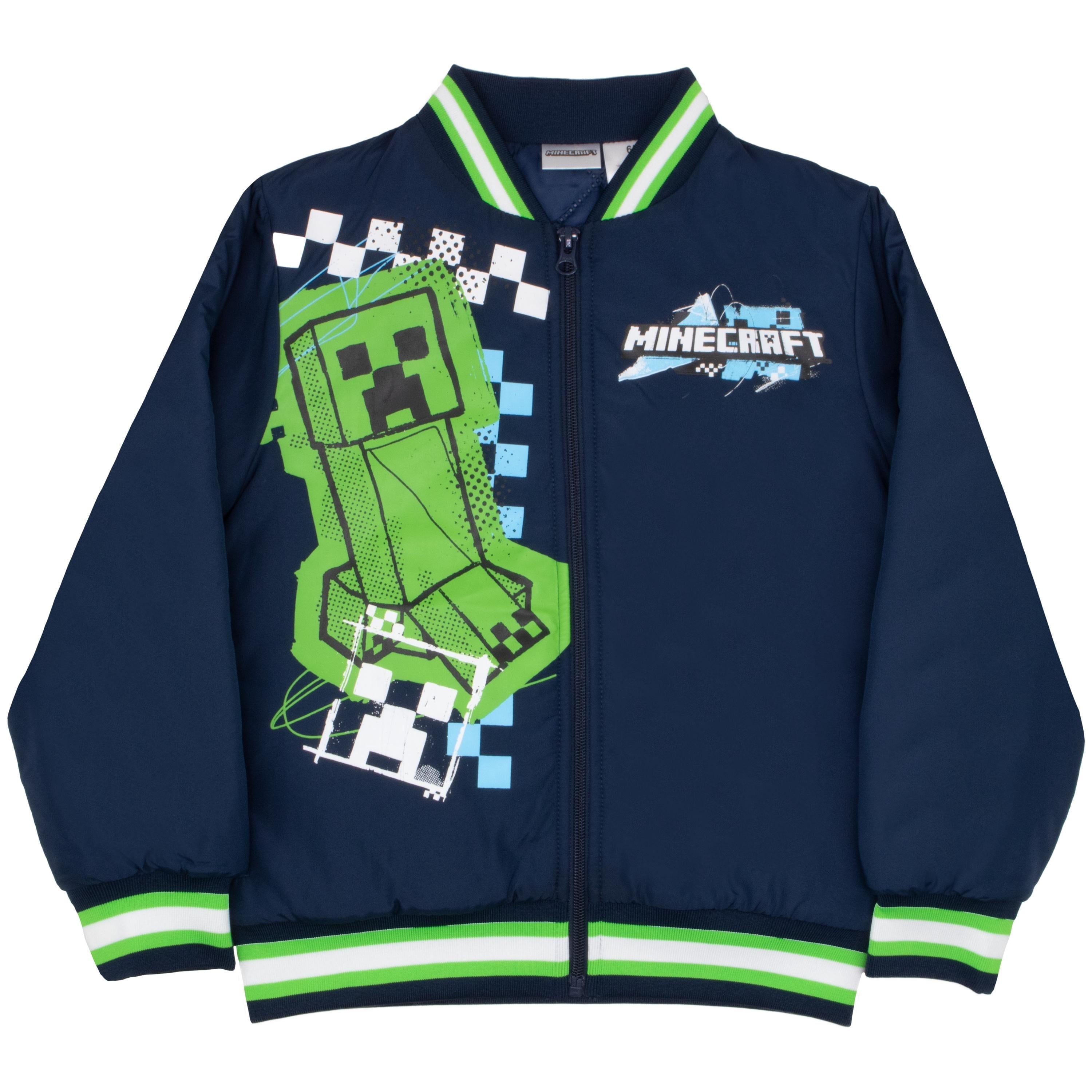 Minecraft Bomber Jacket for Boys, Zip-Up Creeper Varsity Jacket for Kids (Sizes 4-18)