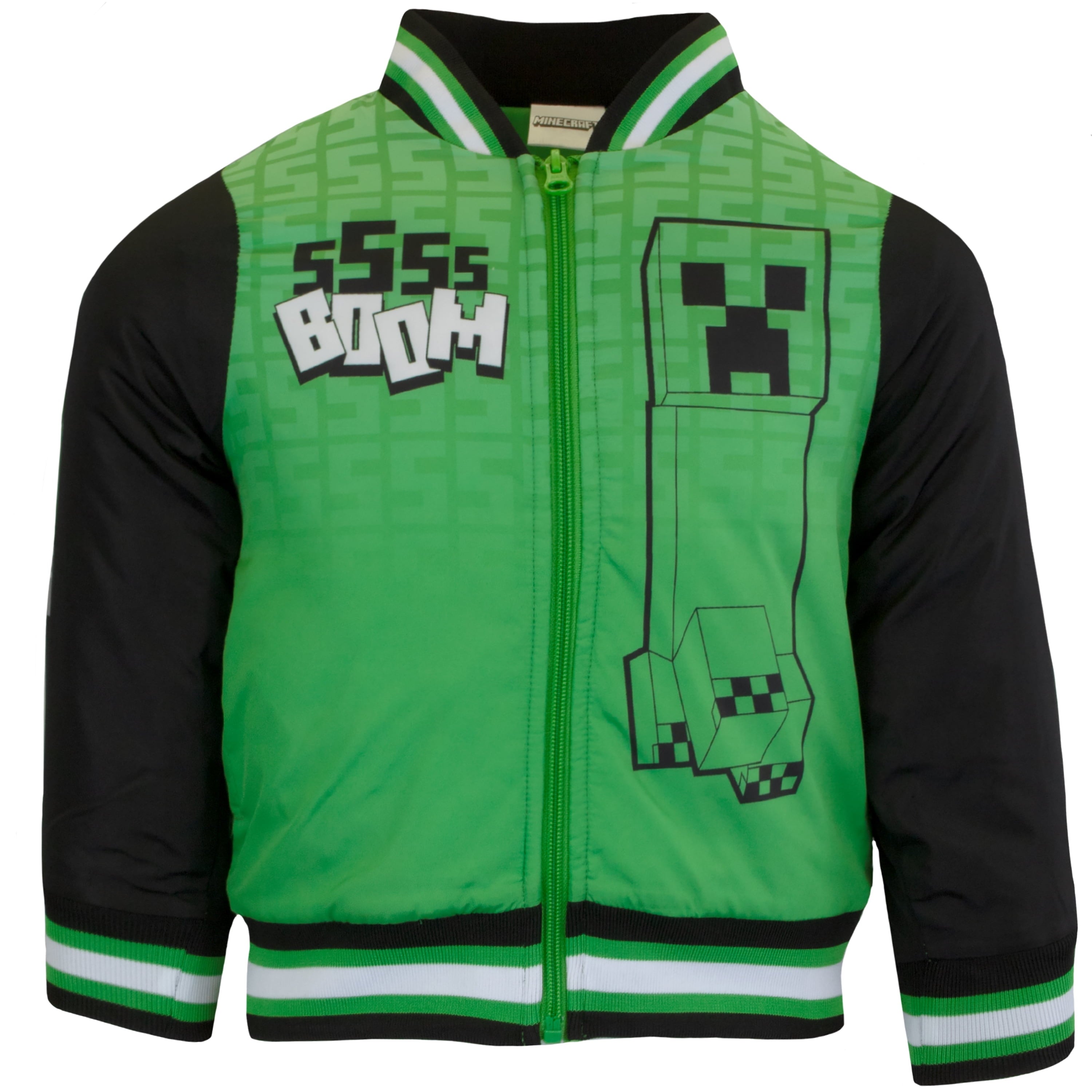 Minecraft Bomber Jacket for Boys, Zip-Up Creeper Varsity Jacket for Kids (Sizes 4-18)