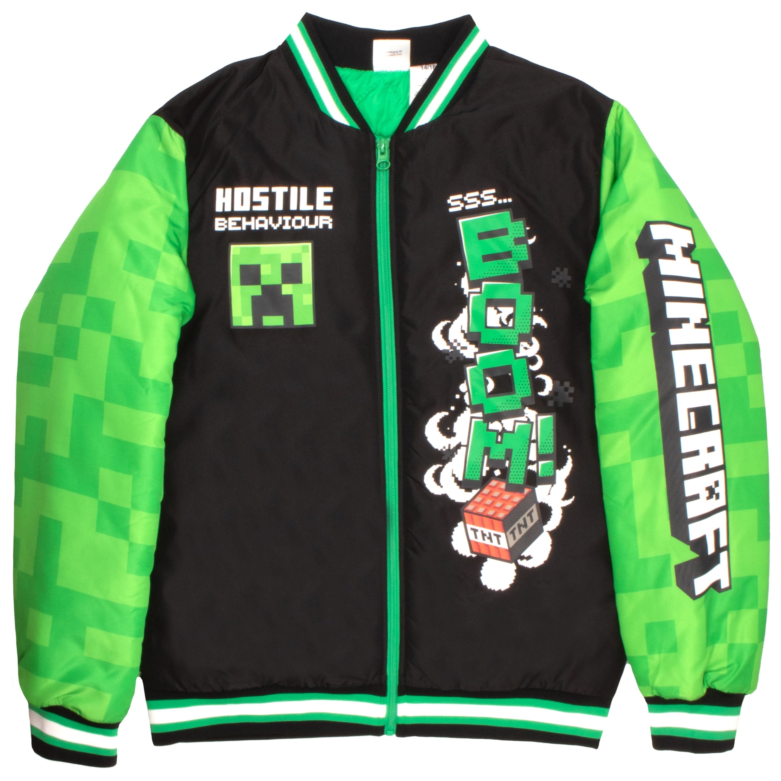 Minecraft Bomber Jacket for Boys, Zip-Up Creeper Varsity Jacket for Kids (Sizes 4-18)