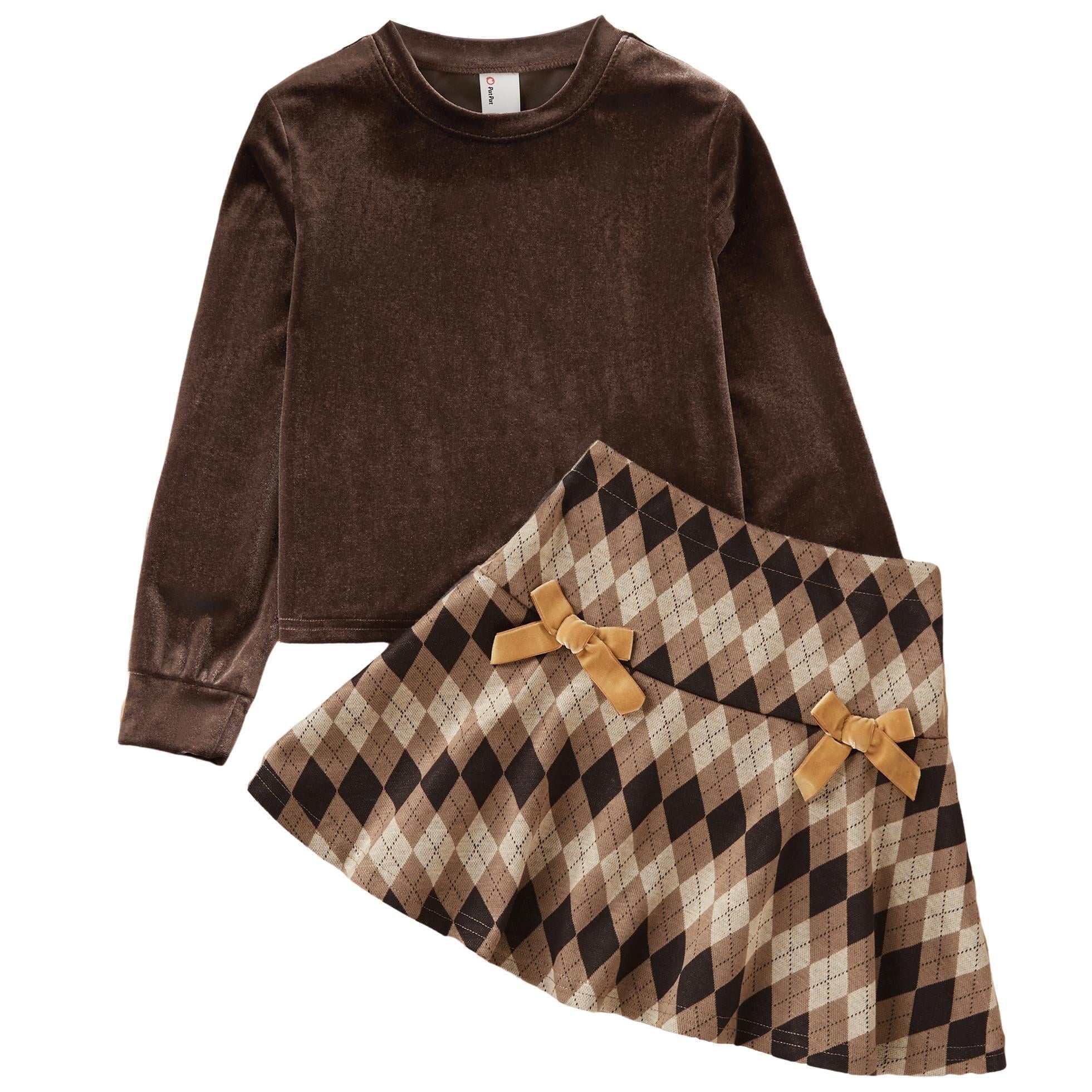 PatPat Kid Girls Black Skirt Set Velvet Crop Top and Houndstooth Pleated Skirt 2 Pieces Outfit Set Size 5-12