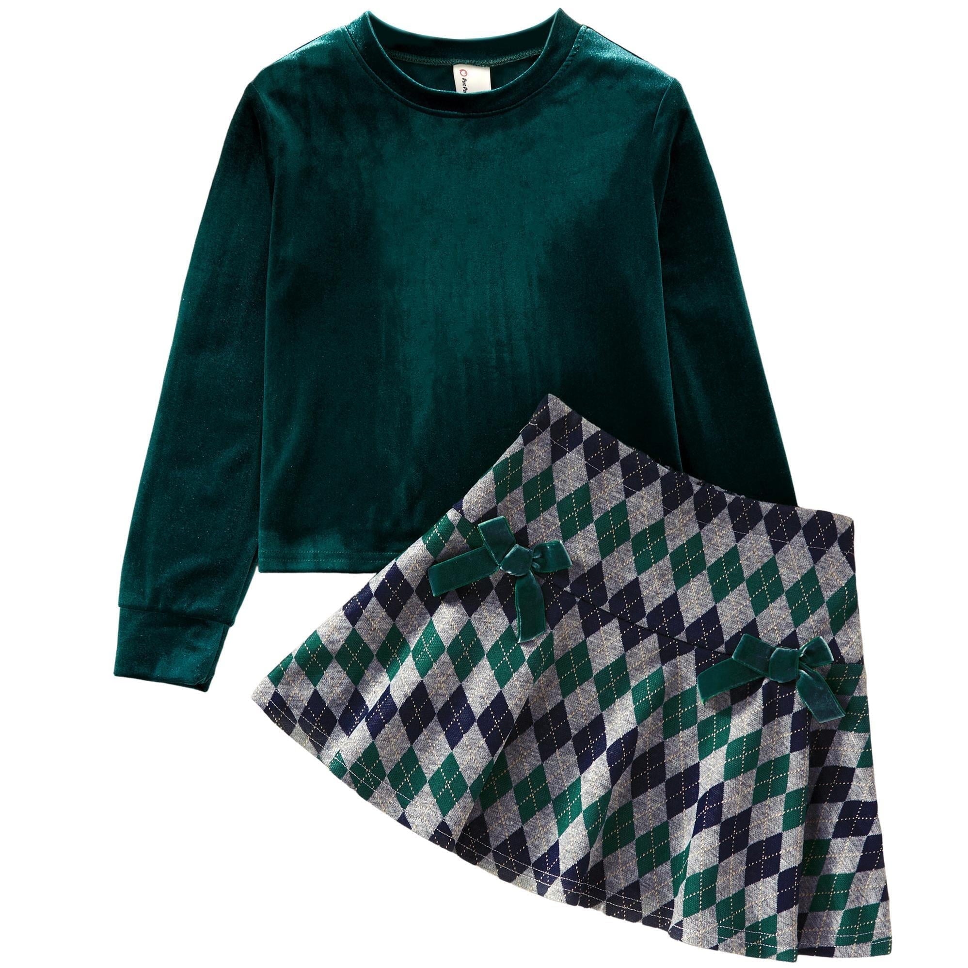 PatPat Girls Clothes Long Sleeve Skirt Set Velvet Crop Top and Bows Plaid Dress 2-Piece School Outfit Green Holidays Sizes 4-12Y