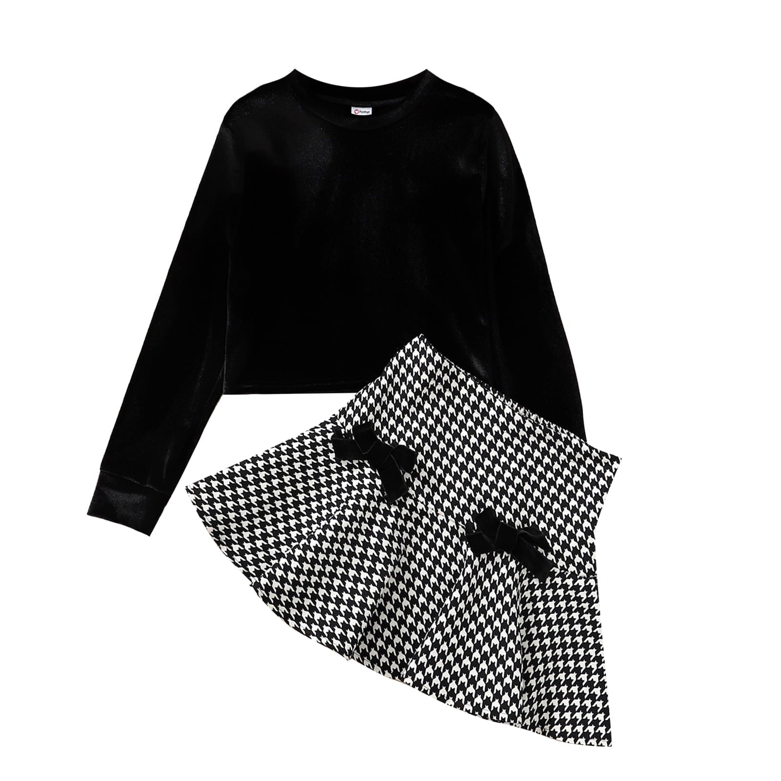 PatPat Kid Girls Black Skirt Set Velvet Crop Top and Houndstooth Pleated Skirt 2 Pieces Outfit Set Size 5-12
