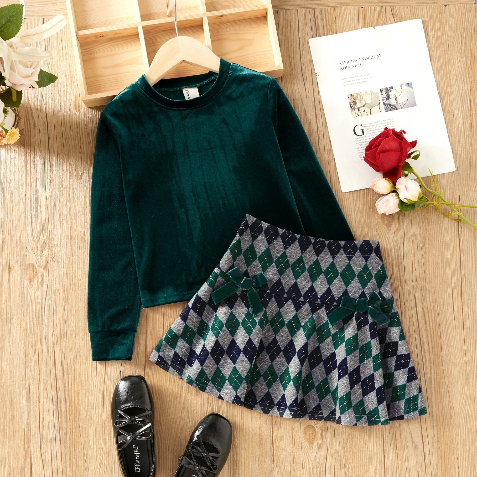 PatPat Girls Clothes Long Sleeve Skirt Set Velvet Crop Top and Bows Plaid Dress 2-Piece School Outfit Green Holidays Sizes 4-12Y